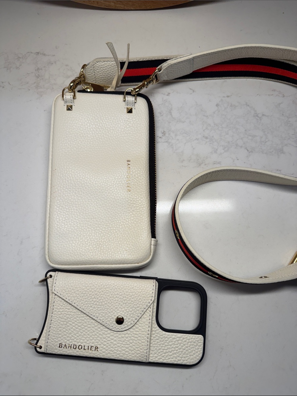 Bandolier White Leather Crossbody Phone Case Set with Striped Strap 14 pro